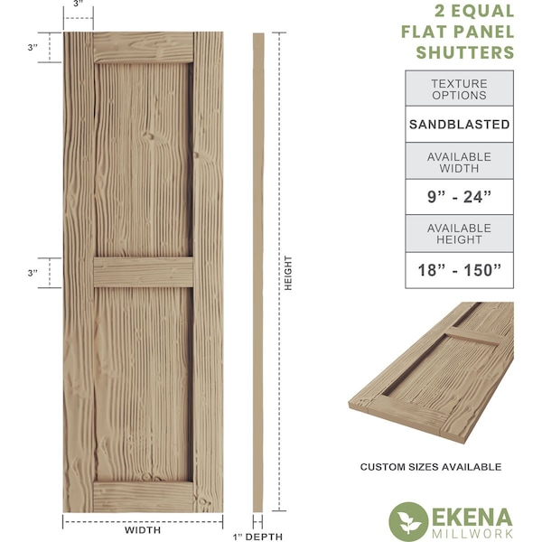 Rustic Two Equal Panel Flat Panel Sandblasted Faux Wood Shutters (Per Pair), Primed Tan, 18W X 26H